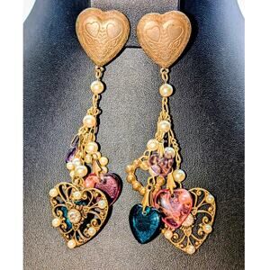 Vintage Heart Charm Faux Pearl Chandelier Dangle Earrings